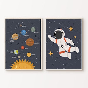 Impresiones espaciales de la guardería, conjunto de 2 carteles del planeta astronauta espacial imprimible, decoración de la sala de juegos del espacio exterior, sistema solar de la habitación del niño 3 piezas de arte de pared