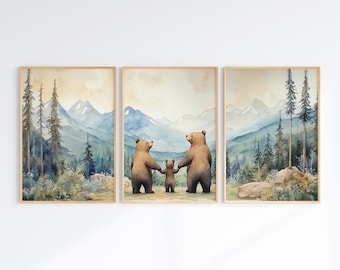 Bear Family Prints, Woodland Boys Nursery Decor, Bear Family of 3 Print, PRINTABLE Forest Animals Art, Family Portrait Set of 3 Room Art