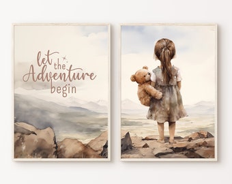 Girl Nursery Set of 2 Prints, Nursery Adventure Nature Decor, Cute Teddy Bear Toddler Room Poster, Outdoors Printable Kids 2 Pieces Wall Art