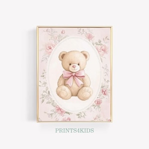 Vintage Bear Nursery Wall Art, Girl Nursery Decor, Pink Floral Nursery Print, Bear Pink Bow Poster, Baby Girl Room Decor, Printable Art