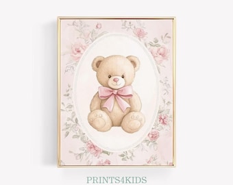 Vintage Bear Nursery Wall Art, Girl Nursery Decor, Pink Floral Nursery Print, Bear Pink Bow Poster, Baby Girl Room Decor, Printable Art