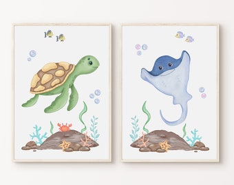 Under the Sea Nursery Set of 2 Prints, Ocean Animal Poster, Nautical Nursery Prints, Sea Animal Art, Playroom Decor, DIGITAL DOWNLOAD
