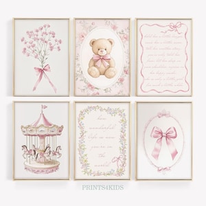 Girl Nursery Wall Art, Printable Set of 6 Pink Prints for Girl Room Decor, Vintage Bear Nursery Art, Lullaby Poem Poster, Floral Bow Art