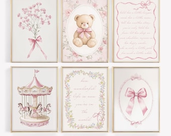 Girl Nursery Wall Art, Printable Set of 6 Pink Prints for Girl Room Decor, Vintage Bear Nursery Art, Lullaby Poem Poster, Floral Bow Art