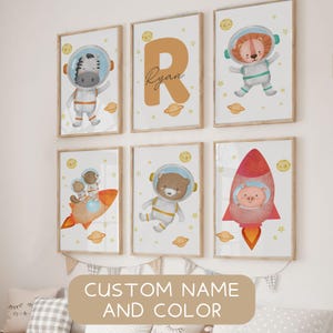 Juego de 6 láminas para guardería. Arte de pared imprimible con nombre personalizado para habitación de niño, póster para niños del espacio exterior, arte DIGITAL de astronauta de cohete