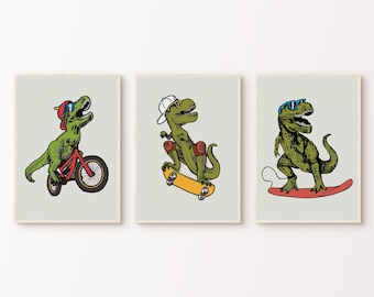 T-Rex jongenskamer kunst aan de muur, dinosaurussen kunst voor kinderen slaapkamer, speelkamer surf skateboards poster, afdrukbare grappige T-Rex set van 3 peuter prints