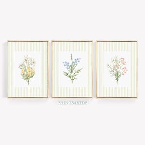 Neutral Wildflower Nursery Set of 3 Prints, Baby Room Decor, Floral Nursery Decor, Vintage Watercolor Soft Tones Botanical Wall Art