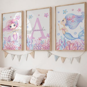 Mermaids Girl Nursery Custom Name Prints, Ocean Girl Room Personalized Set of 3 Poster, Under the Sea, Printable Baby Girl Playroom Decor