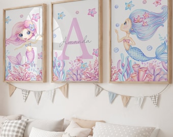 Mermaids Girl Nursery Custom Name Prints, Ocean Girl Room Personalized Set of 3 Poster, Under the Sea, Printable Baby Girl Playroom Decor