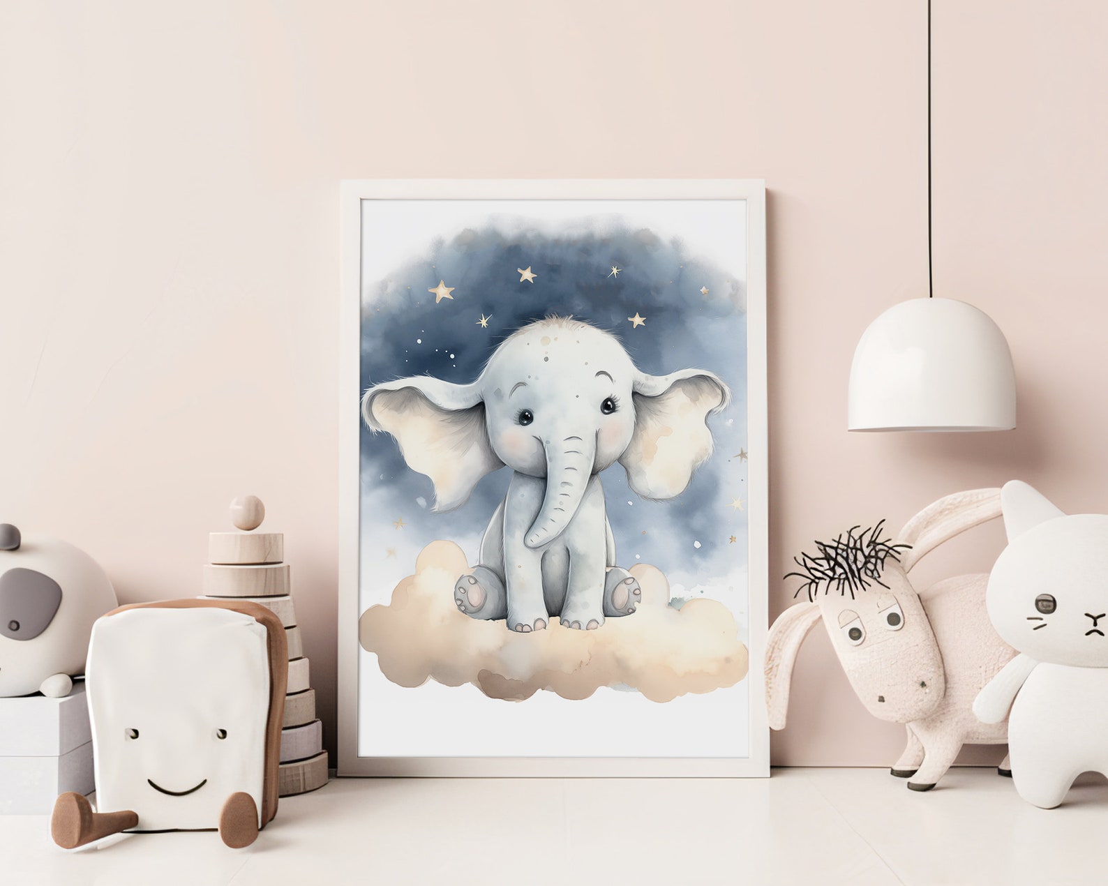 Baby Elephant Nursery Print, Printable Stars Clouds Baby Room Wall Art ...