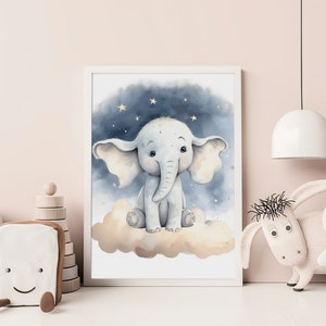 Baby Elephant Nursery Print, Printable Stars Clouds Baby Room Wall Art ...