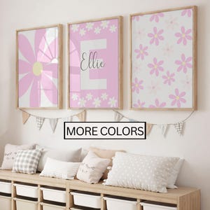 Nursery Daisy Wall Art, set di 3 stampe personalizzate con nome, decorazione per la cameretta delle bambine in stile boho, galleria murale floreale neutra personalizzata per la cameretta dei bambini