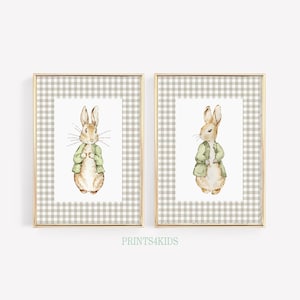 Nursery Prints, Rabbit Wall Art for Kids Room Decor, Cottagecore Gender Neutral Nursery PRINTABLE Art, Gingham Green Tones Farmhouse Print