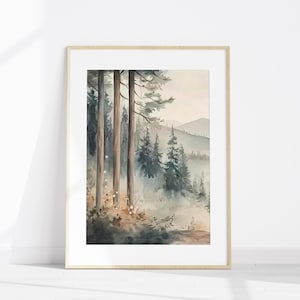 May include: A framed watercolour painting depicting a forest landscape. The artwork features tall trees in the foreground, with a misty forest and mountains in the distance. The colour scheme is soft, using muted greens, browns, and blues.