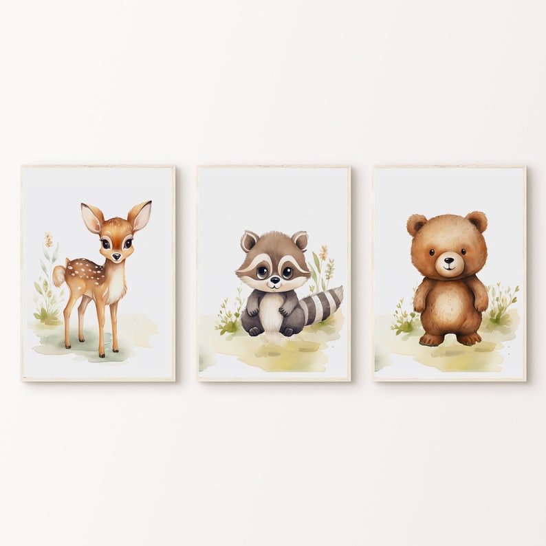 Nursery Woodland Wall Art, Printable Baby Animal 3 Pieces Wall Art ...