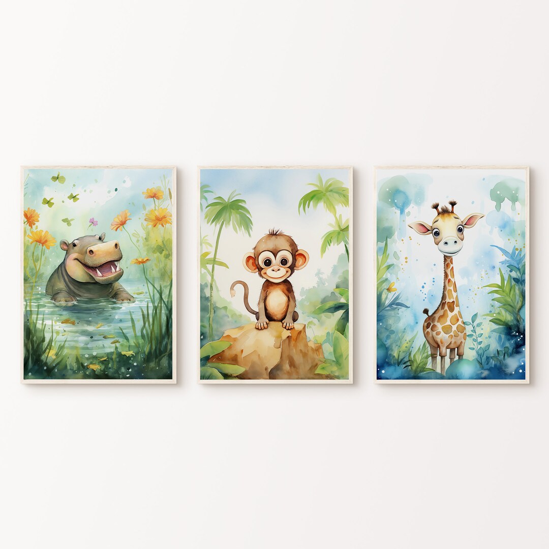 Cute Safari Animal Set of 3 Prints for Nursery, Printable Baby Animal 3 ...
