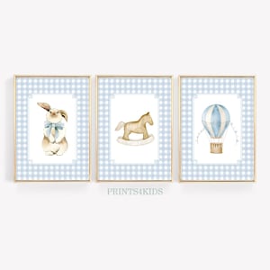 Vintage Nursery Set of 3 Prints, Bunny Nursery Wall Art, Antique Baby Boy Room Art, Blue Tones Nursery Farmhouse Art, Vintage Nursery Decor