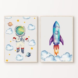 Conjunto de guardería del espacio exterior de 2 impresiones, carteles de planetas astronautas imprimibles, decoración de la sala de juegos del espacio exterior, arte de pared de 2 piezas de la habitación del niño