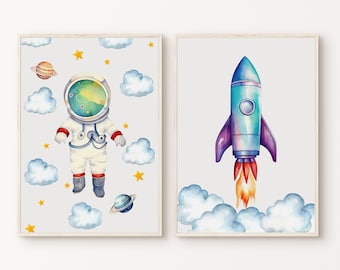Outer Space Nursery Set of 2 Prints, Printable Astronaut Planet Posters, Outer Space Playroom Decor, Boy Room 2 Pieces Wall Art