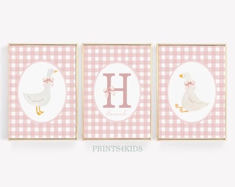 Goose Nursery Prints, Set of 2 Nursery Personalized PRINTABLE Art, Goose Wall Art Baby Girl Nursery Decor, Vintage Duck Pink Gingham Art