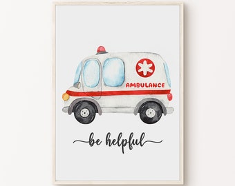 Stampa acquerello per bambini con ambulanza, grande stampa per la cameretta dei bambini, veicoli di emergenza, decorazione da parete, poster motivazionale per bambini