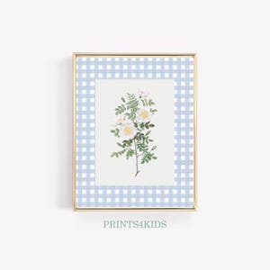 Wildflower Nursery Printable Wall Art, Blue Tones Baby Room Decor, Vintage Floral Nursery Print, Watercolor Botanical Wall Art, Gingham Art