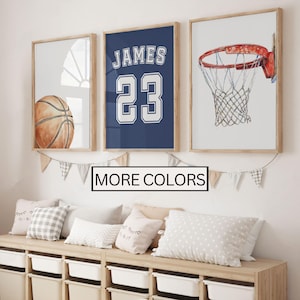 Basketball Wandkunst, Aquarell benutzerdefinierter Druck 3er-Set für Jungenzimmer, personalisierte Name Jungen Spielzimmer Dekor, Sport Kinderzimmer druckbare Kunst