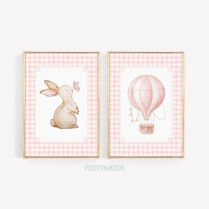 Girl Nursery 2 Pieces Wall Art, Vintage Bunny Print, Antique Baby Girl Room Art, Pink Tones Gingham Farmhouse Art, Hot Air Balloon Poster