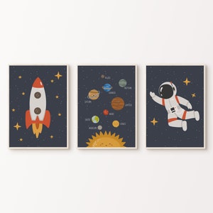 Space Nursery Set of 3 Prints, Printable Space Astronaut Planet Posters, Outer Space Playroom Decor, Boy Room Solar System 3 Pieces Wall Art