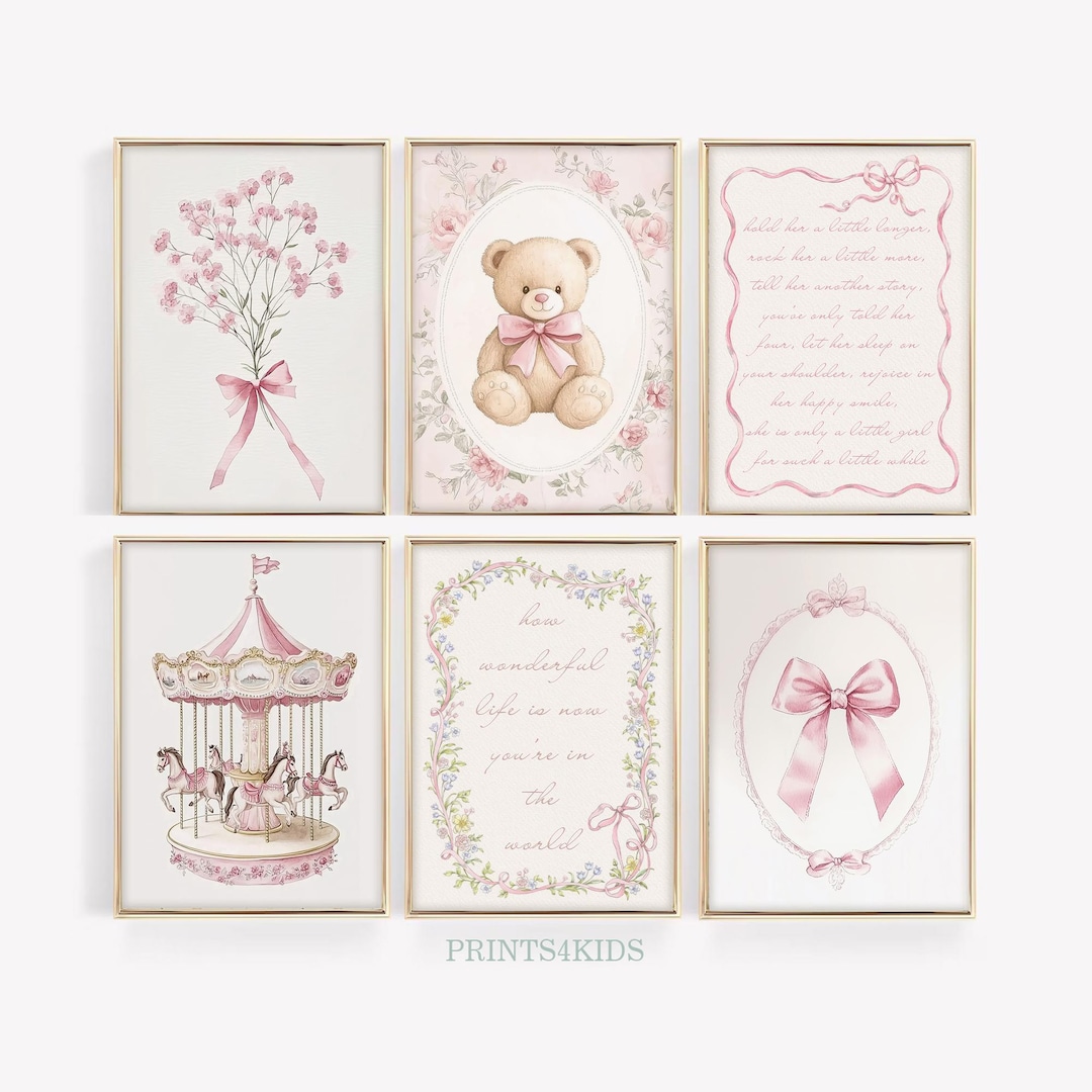 Girl Nursery Wall Art, Printable Set of 6 Pink Prints for Girl Room ...