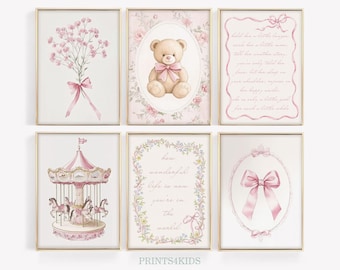 Girl Nursery Wall Art, Printable Set of 6 Pink Prints for Girl Room Decor, Vintage Bear Nursery Art, Lullaby Poem Poster, Floral Bow Art