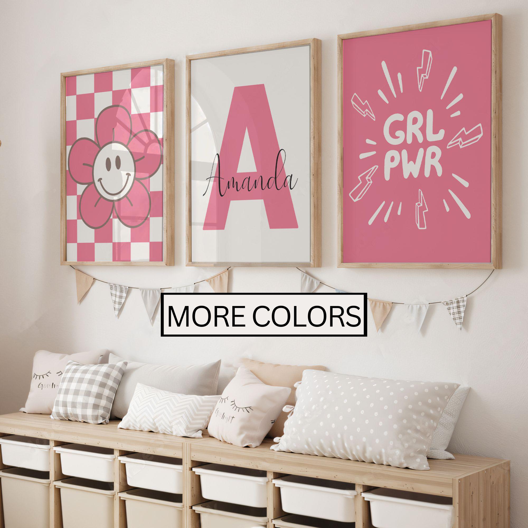 Girls Bedroom Prints, Printable Custom Name Prints for Nursery, Teen Girl Room Decor, Checker Smiley Prints, Playroom 3 Pieces Wall Art