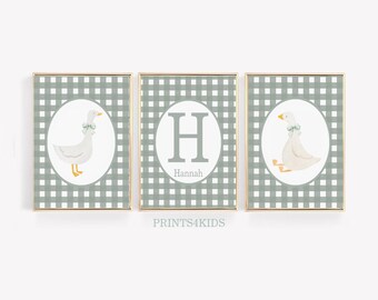 Goose Nursery Prints Set of 3: Duck Gingham Printable Art, Personalized Baby Room Decor, Digital Download