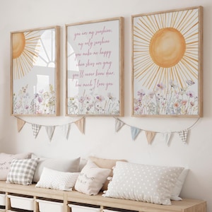 Boho Nursery Wall Art, Printable You are my Sunshine Quote Poster, Sun Set of 3 Nursery Prints, Neutral Girl Room Decor, Wildflower Art