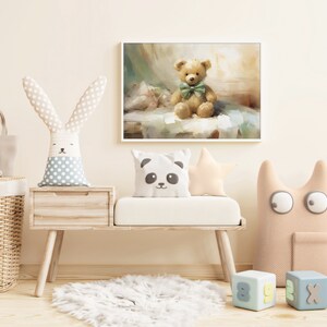 May include: A framed watercolor painting of a teddy bear with a green bow tie. The room features a bench with panda and star pillows, a bunny-shaped pillow, and a woven basket. Soft colors and textures create a cozy, inviting atmosphere.