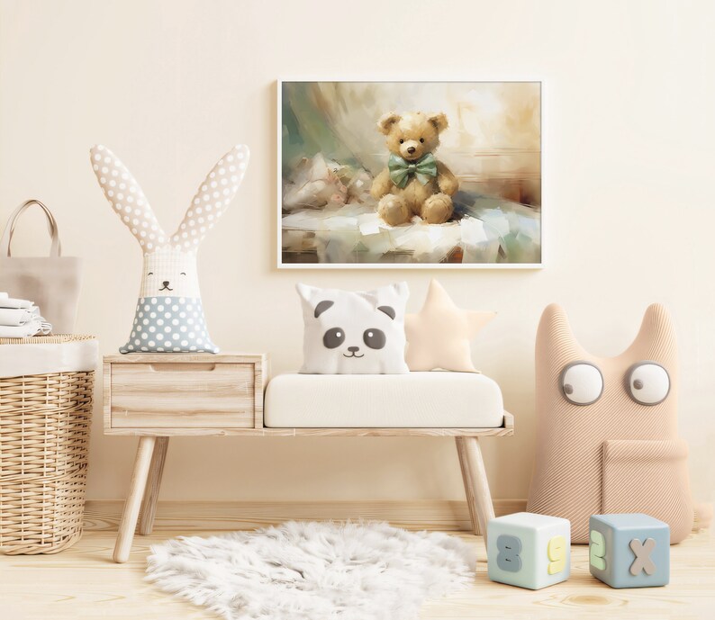 May include: A framed watercolor painting of a teddy bear with a green bow tie. The room features a bench with panda and star pillows, a bunny-shaped pillow, and a woven basket. Soft colors and textures create a cozy, inviting atmosphere.