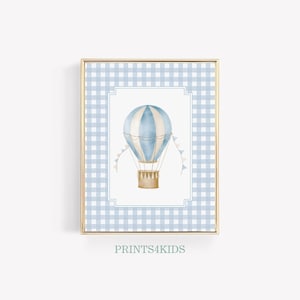 Vintage Hot Air Balloon Print, Printable Nursery Wall Art, Antique Baby Boy Room Art, Blue Tones Nursery Farmhouse Art, Gingham Decor