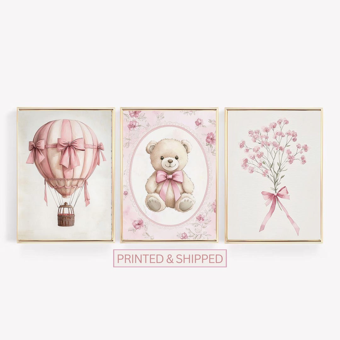 Girl Nursery Wall Art, Vintage Baby Girl Room Set of 3 Print, Pink ...