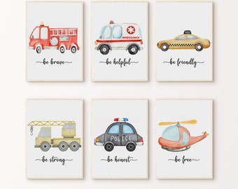 Set di 6 stampe di veicoli ad acquerello, veicoli di emergenza stampabili per la cameretta dei bambini, 6 pezzi di arte murale, arredamento per la camera dei ragazzi, poster di camion dei pompieri e ambulanza