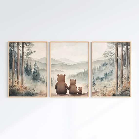 Bear Family Prints, Woodland Nursery Decor, Bear Family of 3 Print, PRINTABLE Forest Animals Art, Family Portrait Set of 3 Room Art