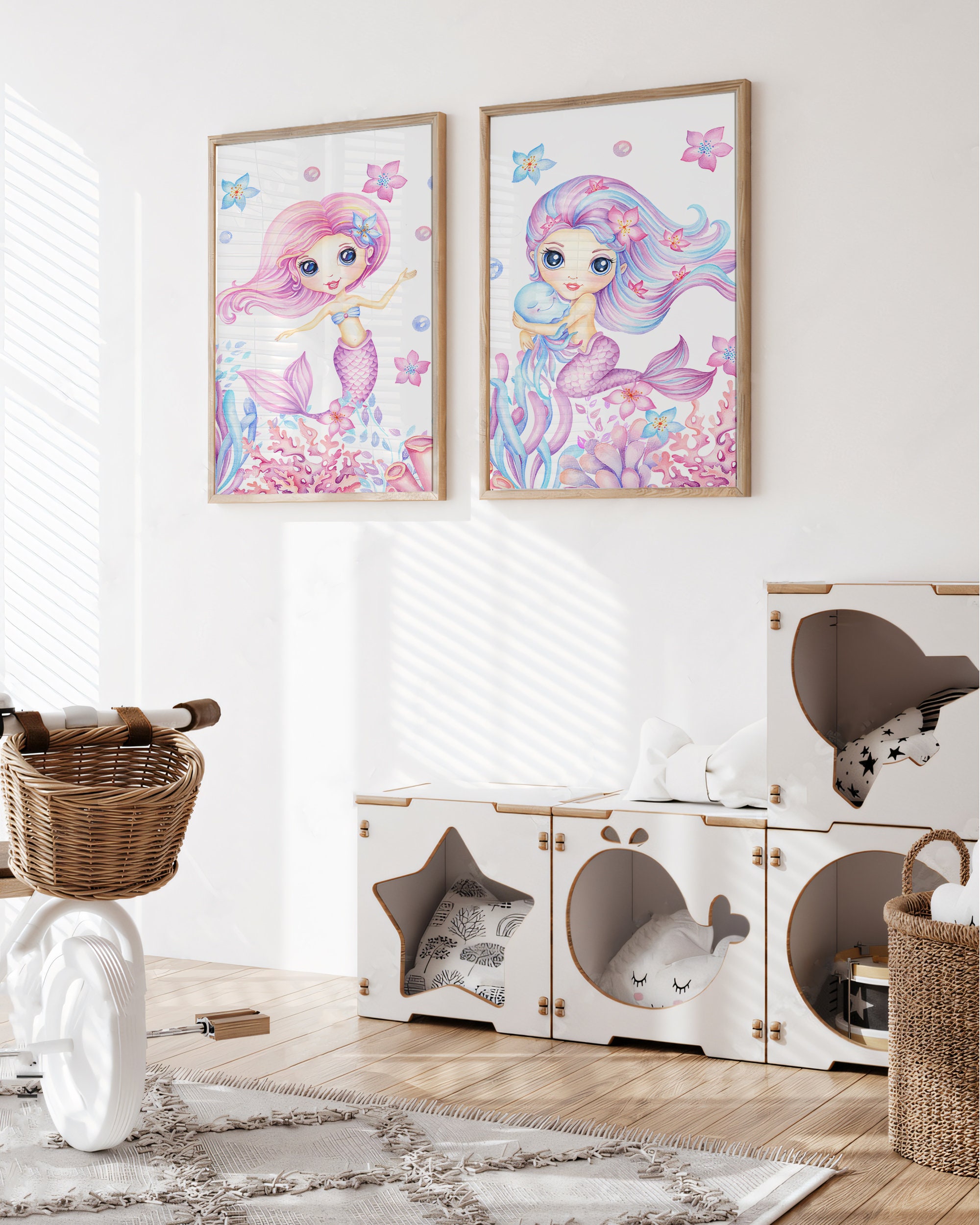 Mermaids Girl Nursery Set of 2 Prints, Ocean Girl Room Poster, Mermaids ...