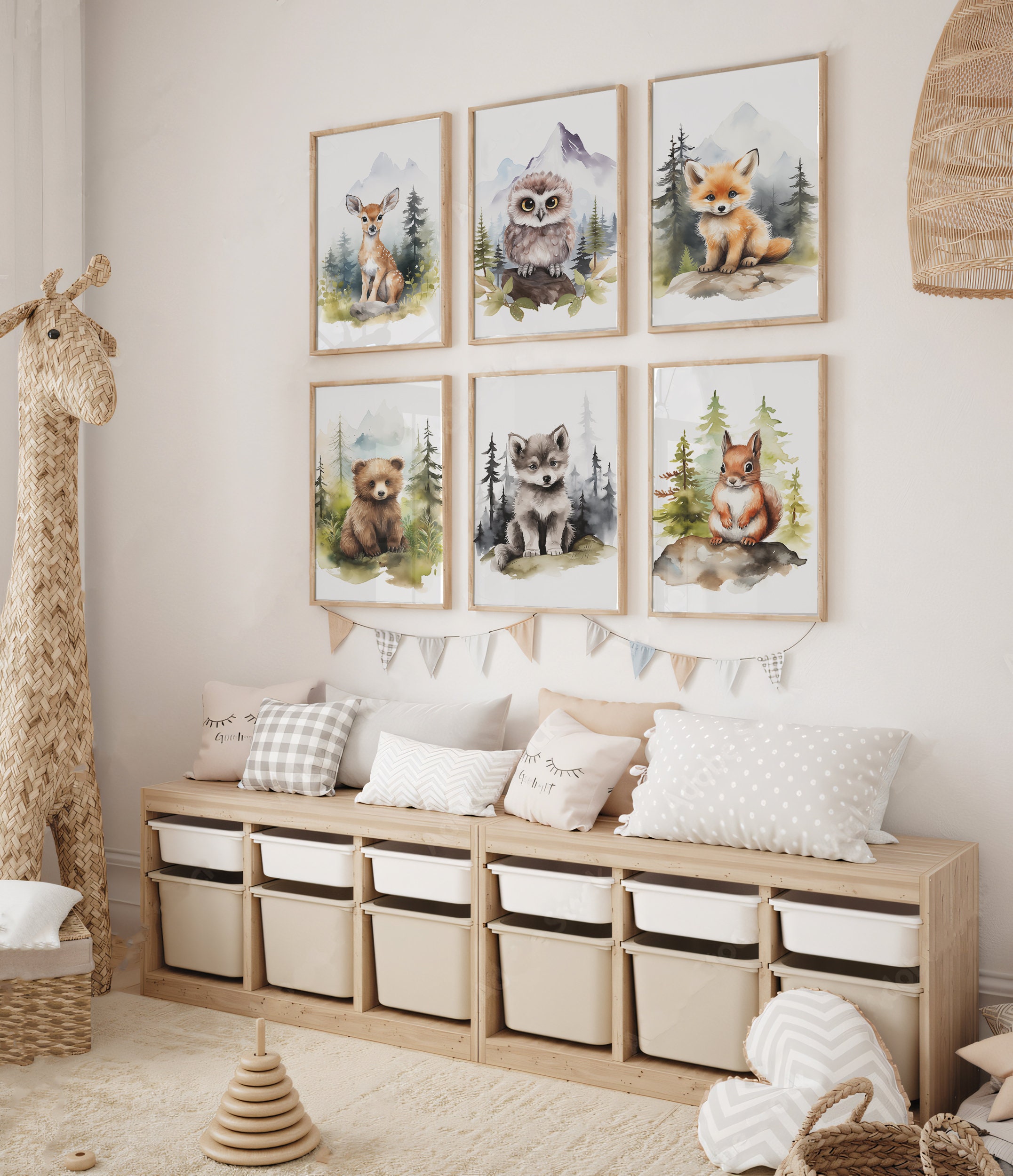 Woodland Baby Animal Set of 6 Prints, Nursery Printable 6 Pieces Wall ...