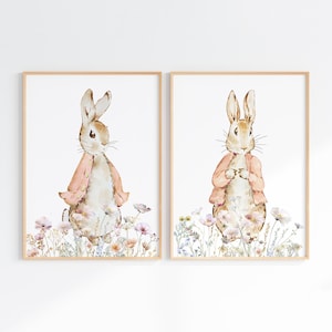 Juego de 2 impresiones para guardería de niña, arte de pared de conejo para decoración de habitación de niños, arte imprimible neutro Cottagecore para guardería, impresión floral para guardería