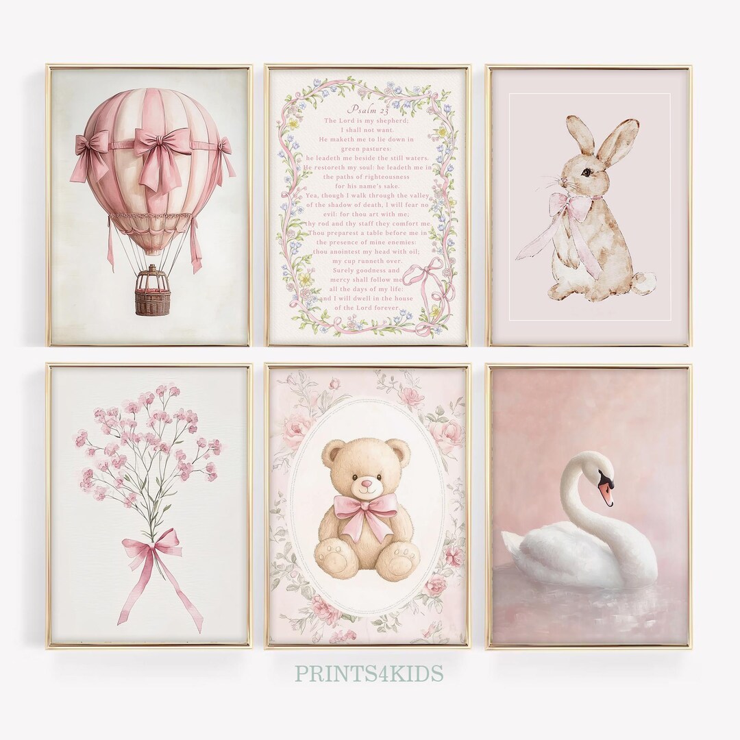 Girl Nursery Wall Art, Printable Set of 6 Pink Prints for Girl Room ...