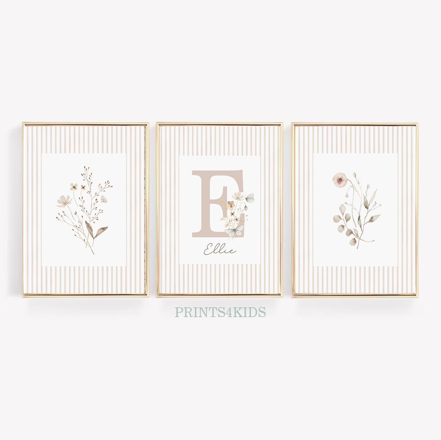 Wildflower Nursery Set of 3 Prints, PRINTABLE Personalized Girl Room Decor, Floral Vintage Nursery Art, Watercolor Botanical Wall Art