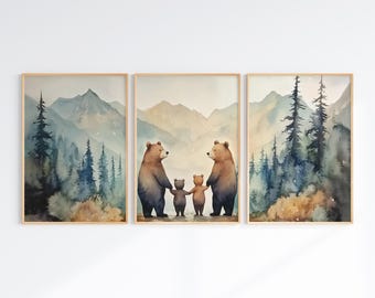 Bear Family Wall Art Set of 3, Woodland Boys Nursery Decor, Printable Forest Animal Family of 4 Portraits, Downloadable Art