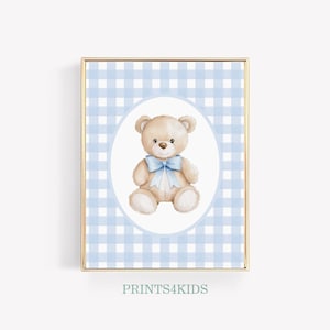 Decorazione murale vintage con orsetto per cameretta, decorazione per cameretta bambino, stampa celeste per cameretta, poster con fiocco blu orso, decorazione per cameretta neonato, arte stampabile