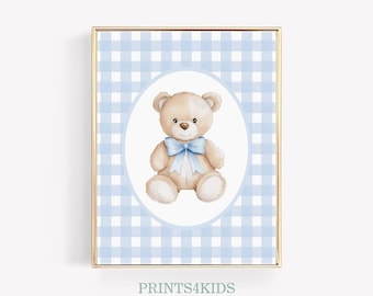 Vintage Bären Kinderzimmer Wandbild, Junge Kinderzimmer Dekor, Baby Blau Kinderzimmer Druck, Bär Blau Schleife Poster, Baby Jungen Zimmer Dekor, printable Art