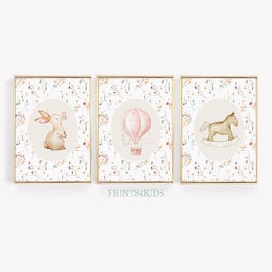 Vintage Nursery Prints, Set of 3 Bunny Nursery Wall Art, Antique Baby Girl Room Art, Pink Tones Nursery Farmhouse Art, Vintage Nursery Decor