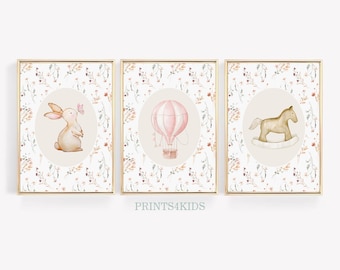 Vintage Nursery Prints, Set of 3 Bunny Nursery Wall Art, Antique Baby Girl Room Art, Pink Tones Nursery Farmhouse Art, Vintage Nursery Decor